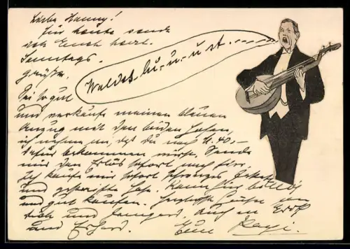 Handgemachte-Collage-AK Mann mit einer Laute singt mit leidenschaftlichem Gesichtsausdruck