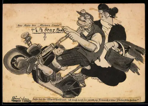 Handgemachte-Collage-AK Familie auf einem Roller in voller Fahrt, das Auto der kleinen Leute