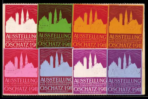 Handgemachte-Collage-AK Oschatz, Diverse Marken der Ausstellung für Gewerbe, Industrie und Landwirtschaft 1911