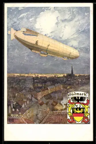 Künstler-AK Graz, Zeppelin über der Stadt, Südmark-Wappen