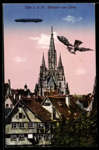 AK Ulm a. d. D., Münster von Osten mit Zeppelin