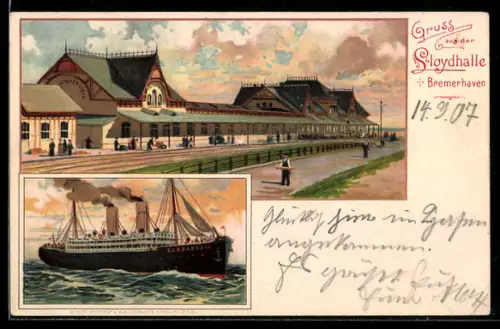 Lithographie Bremerhaven, Partie an der Lloydhalle, Passagierschiff Barbarossa in Fahrt