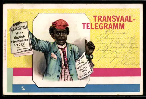 Lithographie Transvaal-Telegramm, Schwarzer Zeitungsjunge