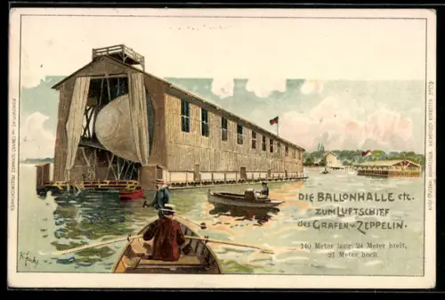 Lithographie Die Ballonhalle vom Luftschiff des Grafen von Zeppelin
