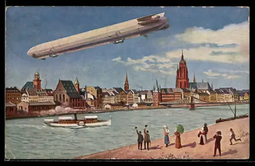 Künstler-AK Frankfurt a. Main, ILA-Ausstellung, Luftschiff Zeppelin über der Stadt