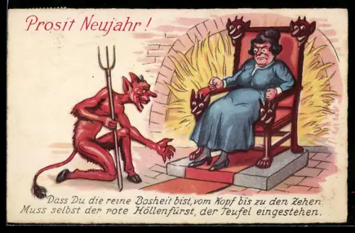 Künstler-AK Teufel kniet vor böser Frau