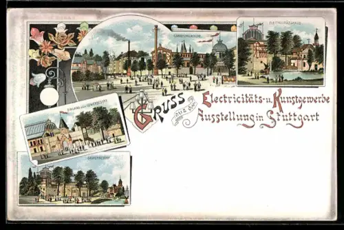 Lithographie Ganzsache PP10 D2 /03: Stuttgart, Electricitäts- und Kunstgewerbe-Ausstellung, Gewerbedorf, Garnisonskirche