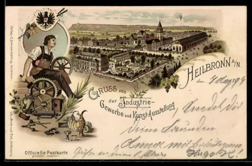 Lithographie Heilbronn a. N., Industrie-, Gewerbe und Kunst-Ausstellung, Ausstellungsgelände, Ganzsache Württemberg