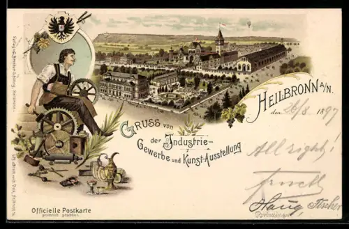 Lithographie Heilbronn a. N., Industrie-, Gewerbe- und Kunst-Ausstellung, Handwerker mit Zahnrad, Ganzsache Württemberg