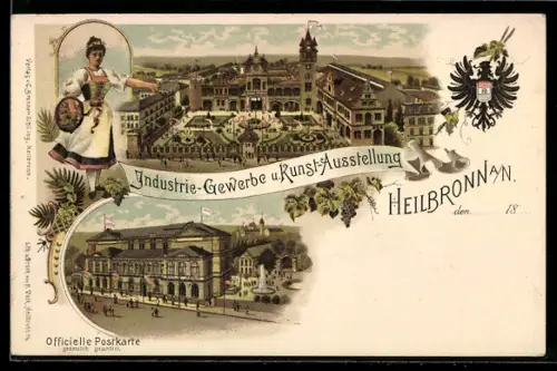 Lithographie Heilbronn a. N., Industrie-, Gewerbe- und Kunst-Ausstellung, Ausstellungsgelände, Ganzsache Württemberg