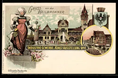 Lithographie Heilbronn, Industrie-, Gewerbe- und Kunst-Ausstellung 1897, Wappen, Strassenbahn, Ganzsache Württemberg