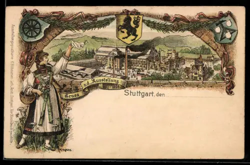Lithographie Stuttgart, Ausstellung 1896, Wappen, Dame in Tracht, Ganzsache Württemberg