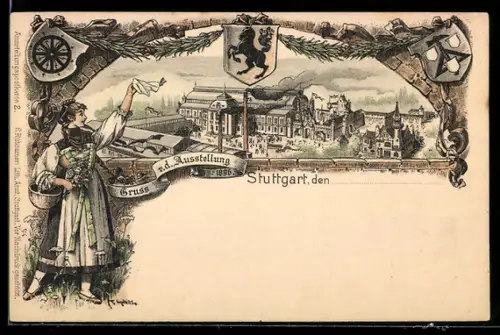 Lithographie Stuttgart, Ausstellung 1896, Messegelände und Stadtwappen, Winkende Dame in Tracht, Ganzsache Württemberg