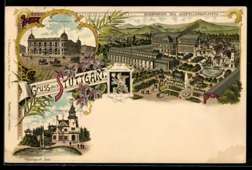 Lithographie Stuttgart, Ausstellungsplatz, Landesgewerbemuseum, Elektrizitäts-Haus, Ganzsache Württemberg