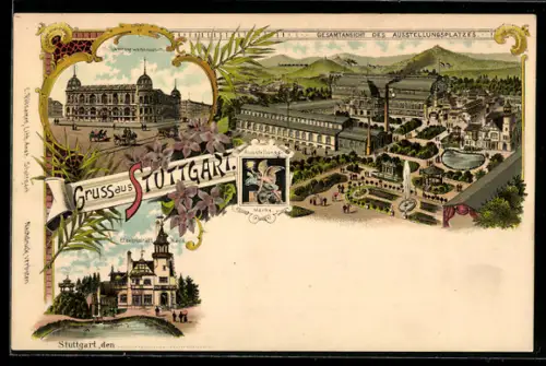 Lithographie Stuttgart, Gesamtansicht des Ausstellungsplatzes, Landesgewerbemuseum, Ganzsache Württemberg