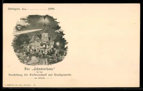 Lithographie Stuttgart, Ausstellung für Elektrotechnik und Kunstgewerbe, Schuckerthaus am Abend, Ganzsache Württemberg