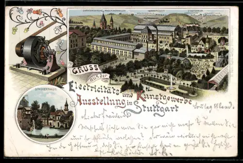 Lithographie Ganzsache PP11 D18 /02: Stuttgart, Elektrizitäts- und Kunstgewerbe-Ausstellung, Schuckerthaus