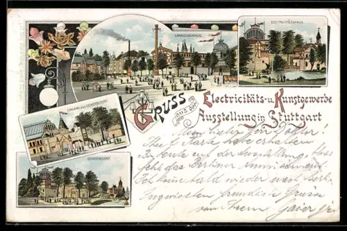 Lithographie Ganzsache PP11 D18 /03: Stuttgart, Electricitäts- und Kunstgewerbe Ausstellung, Eingang Gewerbedorf