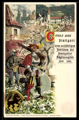 Lithographie Stuttgart, 400jähriges Jubiläum der Stuttgarter Schützengilde 1501-1901, Ganzsache Württemberg