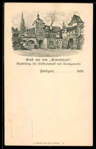 Lithographie Stuttgart, Ausstellung für Elektrotechnik und Kunstgewerbe 1896, Gewerbedorf, Ganzsache Württemberg