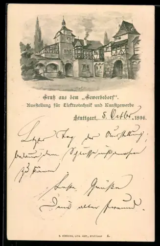 Lithographie Stuttgart, Ausstellung für Elektrotechnik und Kunstgewerbe, Aus dem Gewerbedorf, Ganzsache Württemberg