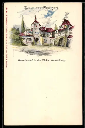 Lithographie Stuttgart, Elektr. Ausstellung, Partie im Gewerbedorf, Ganzsache Württemberg