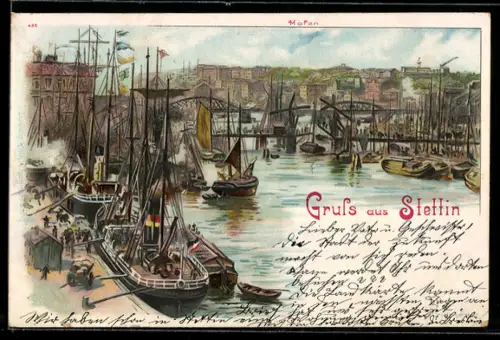 Lithographie Stettin, Hafen mit Segelschiffen und Booten