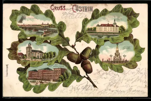 Passepartout-Lithographie Cuestrin / Kostrzyn, Kriegerdenkmal, Marienkirche, Neue Kaserne