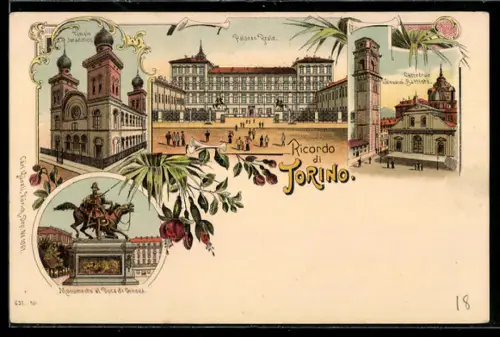 Lithographie Torino, Tempio Israelitico, Synagoge, Palazzo Reale, Cattedrale S. Giovanni Battista