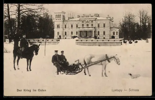 AK Lyntupy, Schloss im Winter, Soldaten auf einem Schlitten