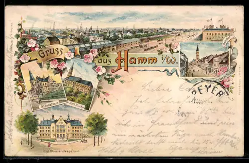 Lithographie Hamm i. W., Ständehaus, Kgl. Oberlandesgericht, Bahnhof, Gr. Weststrasse, Kath. Kirche