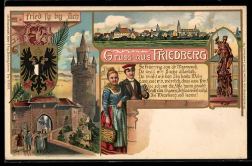 Lithographie Friedberg / Hessen, Teilansicht, Burg, Denkmal
