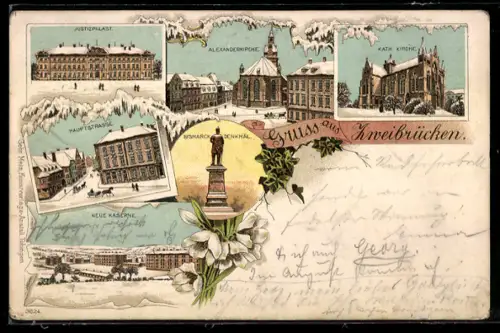 Lithographie Zweibrücken, Justizpalast, Hauptstrasse, Bismarck-Denkmal, Neue Kaserne, Alexanderkirche