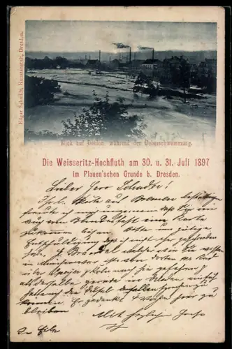 AK Döhlen /Freital, Weisseritz-Hochflut 1897 im Plauenschen Grunde, Ortsansicht mit überschwemmtem Land
