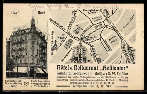 AK Hamburg, Neues Hotel-Restaurant Holstentor C. W. Schülke, Holstenwall 1, Stadtplan mit Hotel