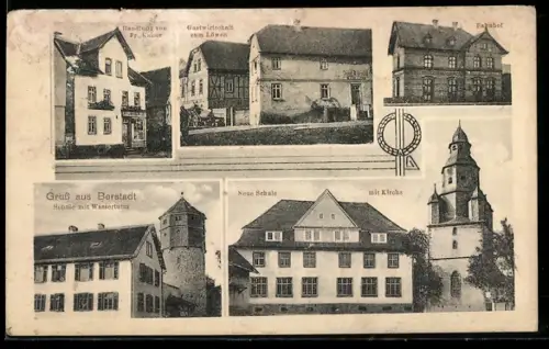 AK Berstadt, Bahnhof, Gasthaus zum Löwen, Handlung Fr. Kaiser, Schulen