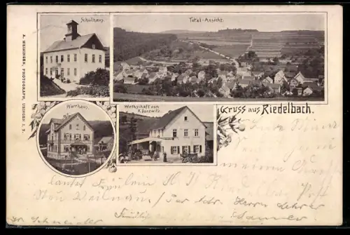 AK Riedelbach, Pfarrhaus, Gasthaus von K. Danewitz, Schulhaus