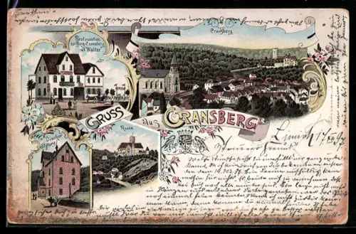 Lithographie Cransberg, Gasthaus Restauration zur Burg Cransberg J. Walter, Discher Stiftung, Ruine