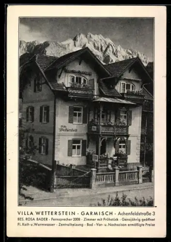 AK Garmisch, Hotel Villa Wetterstein, Bes. Rosa Bader, Achenfeldstrasse 3