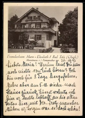 AK Bad Tölz /Oberb., Hotel Fremdenheim Marie-Elisabeth, Merzstrasse 3