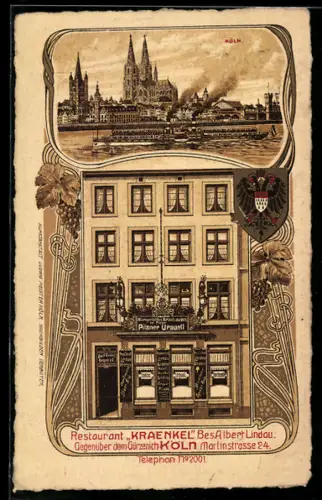 Lithographie Köln, Restaurant Kraenkel, Bes. Albert Lindau, Martinstrasse 24