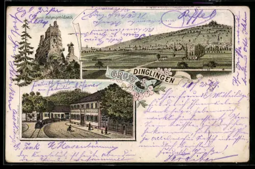 Lithographie Dinglingen, Ruine Hohengeroldseck, Gasthaus und Brauerei zum Hirsch, Eisenbahn