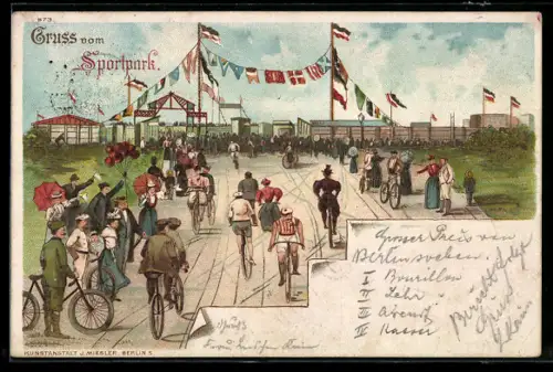 Lithographie Berlin-Friedenau, Sportpark, Radfahrer