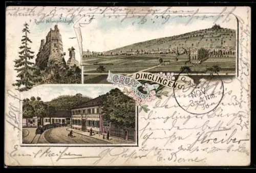 Lithographie Dinglingen, Gasthaus und Brauerei zum Hirsch, Ruine Hohengeroldseck