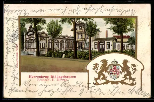 Passepartout-Lithographie Braunschweig, Gasthof Herrenkrug Riddagshausen, Bes. H. Mewes, Wappen