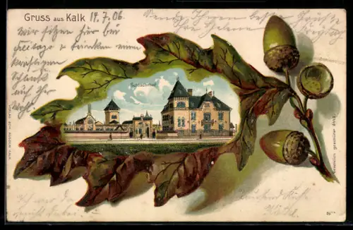 Passepartout-Lithographie Köln-Kalk, Schlachthof im Eichenblatt-Passepartout
