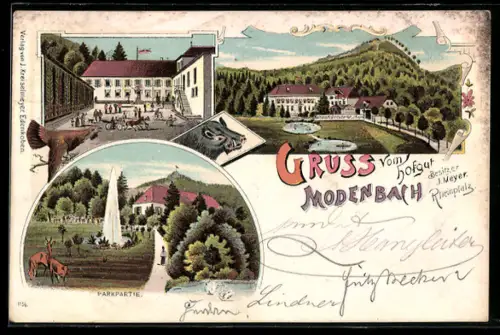 Lithographie Burrweiler, Gasthaus - Kurhaus Hofgut Modenbacher Hof von J. Meyer