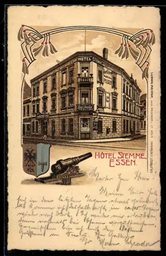 Lithographie Essen, Hotel Stemme, Inh. Osc. Linden, Wappen