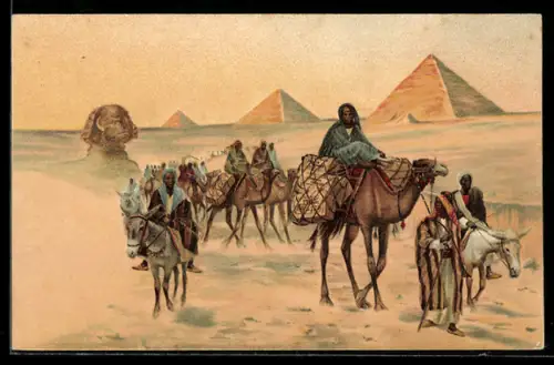 AK Gizeh, Karawane mit Pyramiden und Sphinx