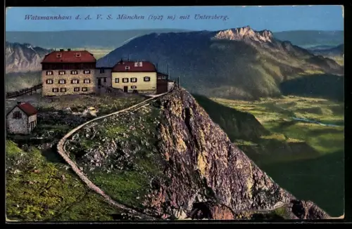 AK Watzmannhaus, Blick auf das Haus mit dem Untersberg